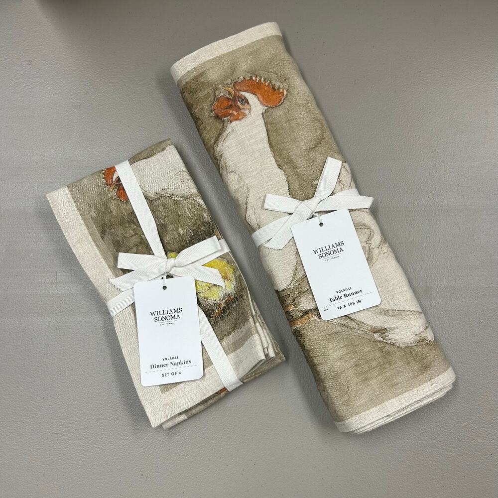 Williams Sonoma Volaille Table Runner 16 x 108 + 4 Napkins 100% Linen Ducks NWT